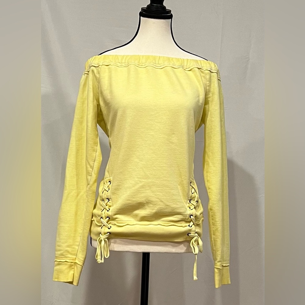 Maurices Yellow‎ Off Shoulder Unfinished Collar Trim Side Ties Sweatshirt Large